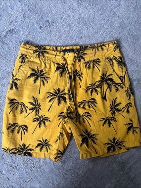 Men's Yellow Palm-Print Swim Board Shorts with Drawstring